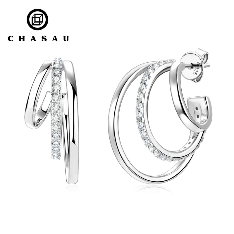 Women Jewelry D0.43CT Moissanite Ear Cuff Geometric 925 Sterling Silver Unique Triple Hoops Earrings