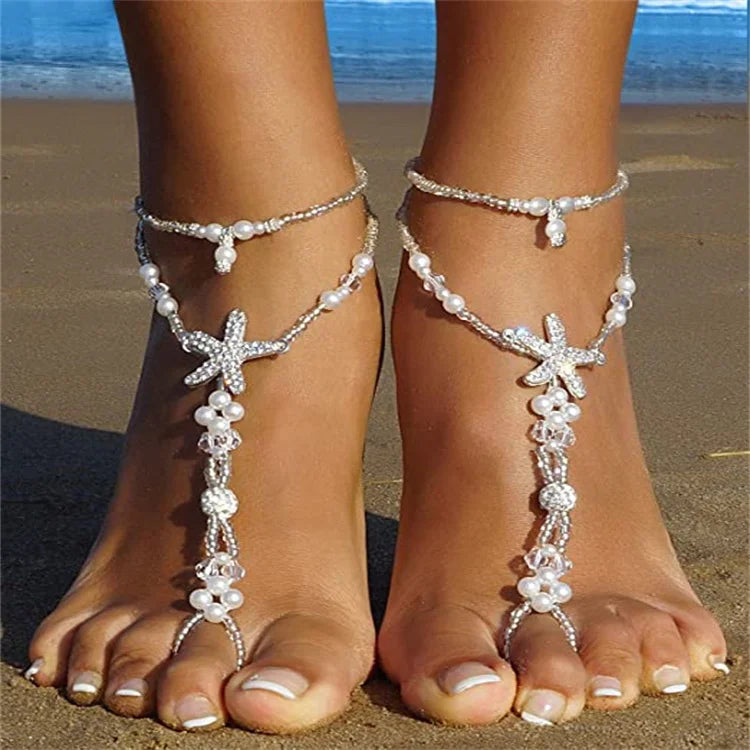 New Pearl Starfish Anklets Beach Wedding Jewelry Bride Foot Jewelry Double Layers Anklet Bracelet Anklets for Women Gift