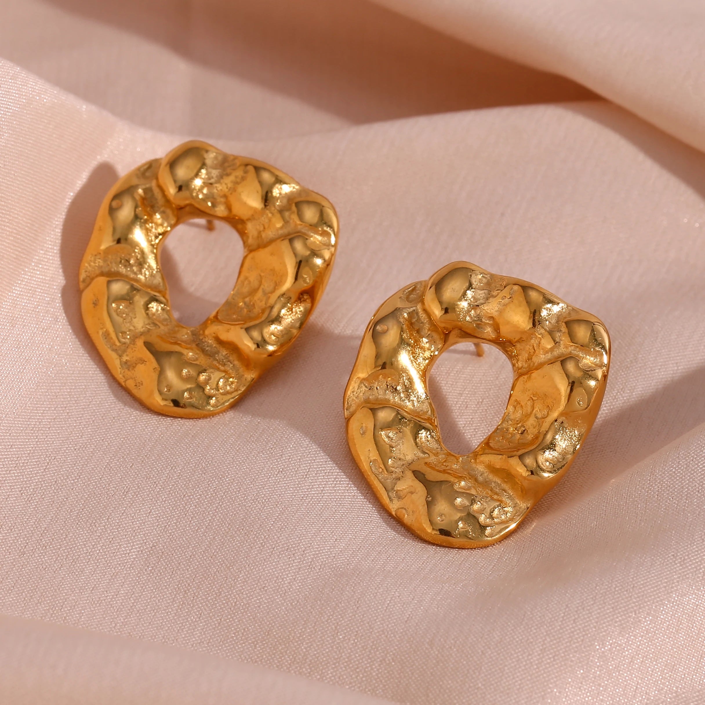 Irregular Hammered Shape 18K Gold Plated Stainless Steel Stud Earring Tarnish Free Women Jewelry