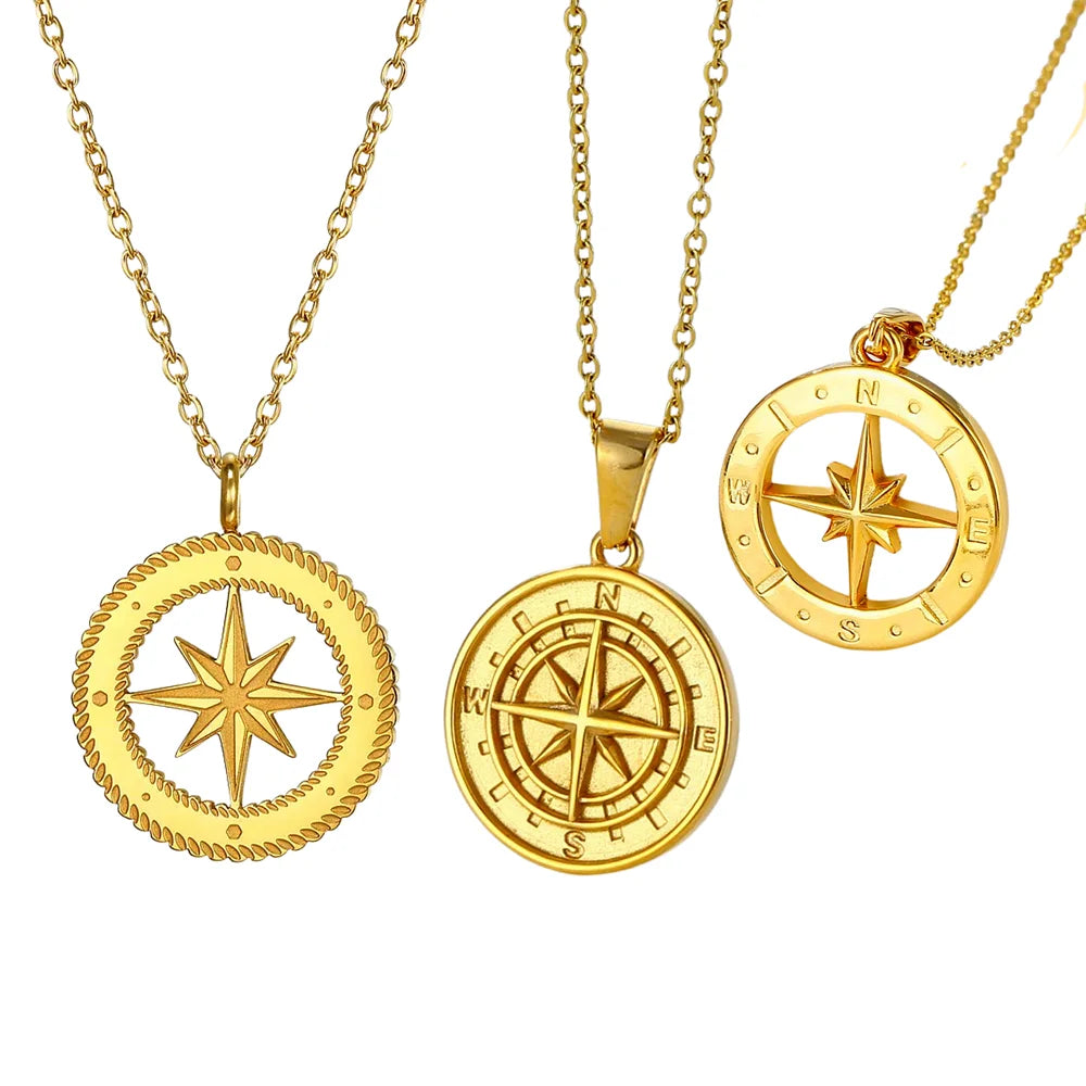 Punk Stainless Steel 18K Round Pendant Compass Necklace Men Guide Jewelry North Star Compass Pendant Chains Travel Charms Gift