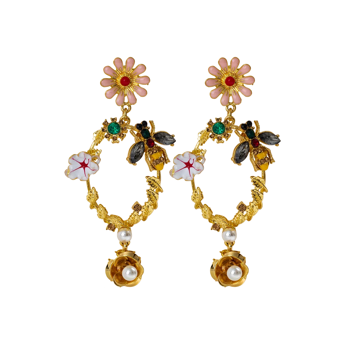 Statement Earrings Big Flower Earrings Oil Drip Rhinestone Fresh Water Pearl Trendy Diamond Bees Floral Acrylic for Women Glass