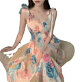 Women Summer Fashion Floral Lace up Casual Elegant Sleeveless Split Sling Vintage Print Maxi Dress