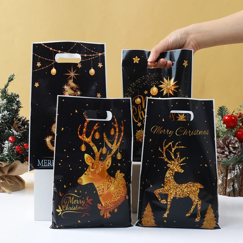 Merry Christmas Candy Bags with Handle Black Gold Deer Christmas Tree Xmas Balls Plastic Gift Bags Party Favors