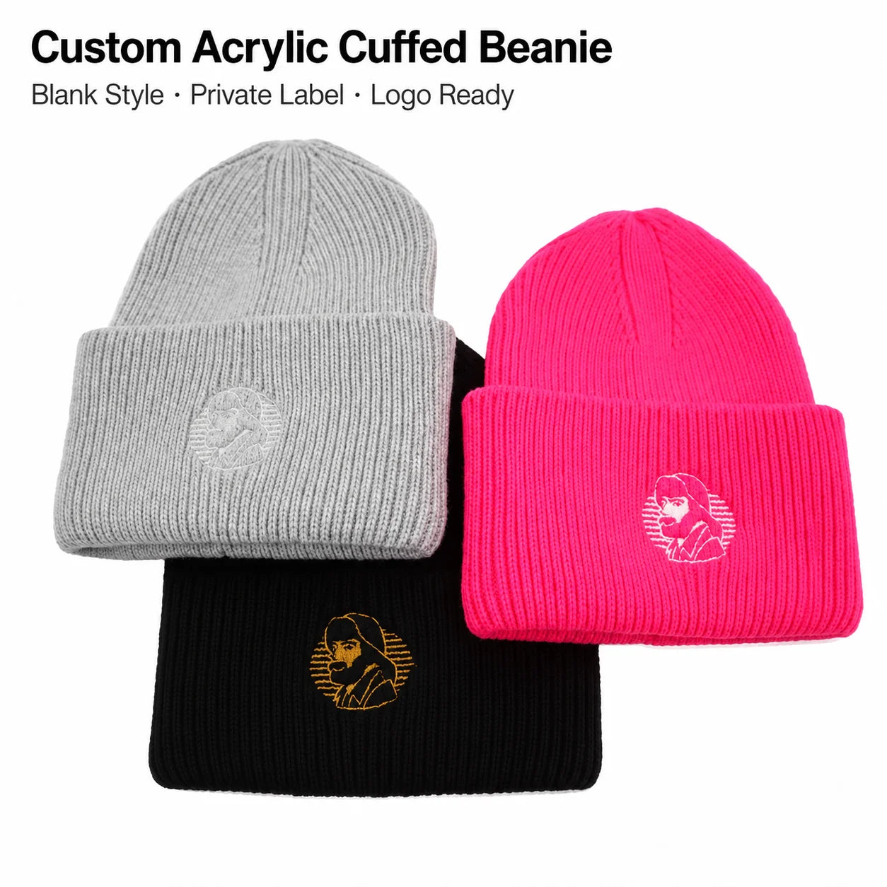Custom Embroidered Logo Cuffed Beanie Rib Knit Winter Hat for Streetwear and Private Label Brands