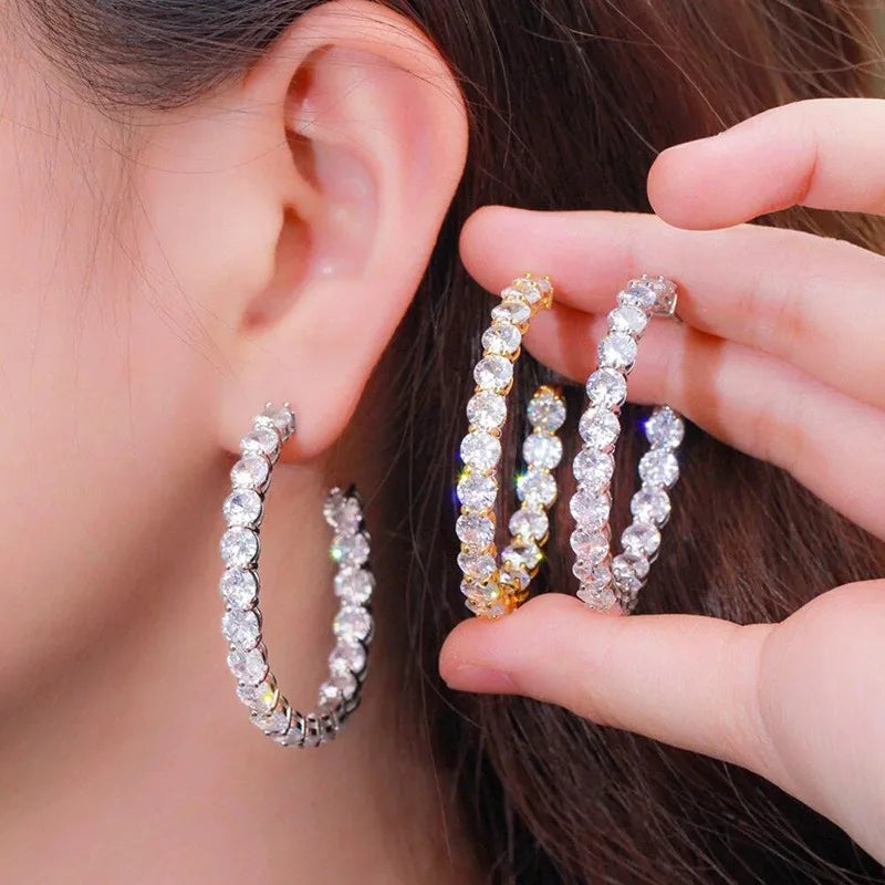 Huitan Gorgeous Sparkling Round Cubic Zirconia Big Circle Earring for Trend Engagement Silver/Gold Plated CZ Hoop Earrings Woman