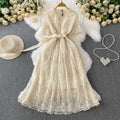 High-end Lace V-neck Short-sleeved Women Summer Tie Waisted Elegant Long Dresses
