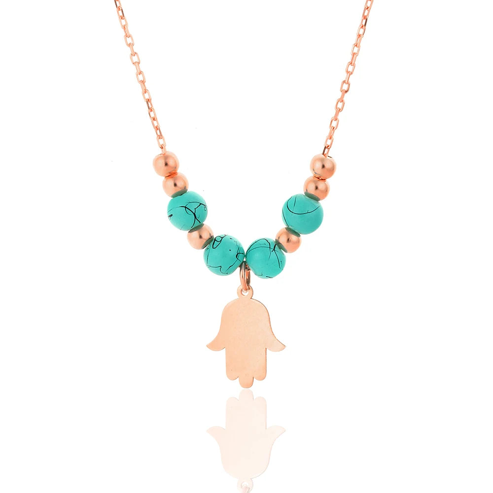 925 Sterling Silver Gold Plated Fatima Hamsa Hand with Turquoise Stone Pendant Necklace – EU Local Stock