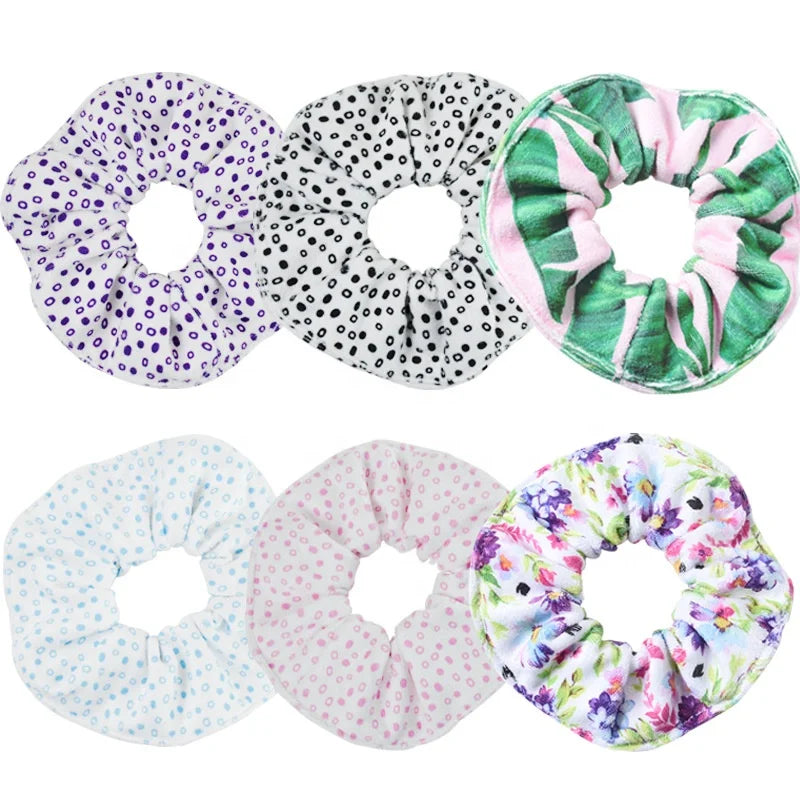 Big 16cm Water Absorbing Fuzzy Plush Dot Flower Print Fluffy Huge Xxl Towel Oversized Hair Band Ties Microfiber Jumbo Scrunchies