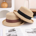 Summer Outdoor Travelling Imitated Wooden Women Flat Top Upturned Brim Sun Hat High Quality Fine Raffia Straw Braid Boater Hat