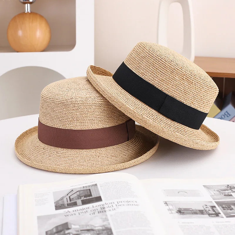 Summer Outdoor Travelling Imitated Wooden Women Flat Top Upturned Brim Sun Hat High Quality Fine Raffia Straw Braid Boater Hat