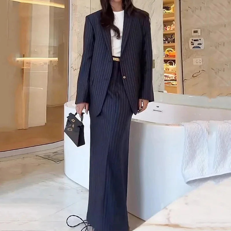 2025 Autumn Long Sleeve Lapel Double Button Striped Printed Blazer Top Straight Skirt Sets Streetwear Women's Suit 2 Piece Set