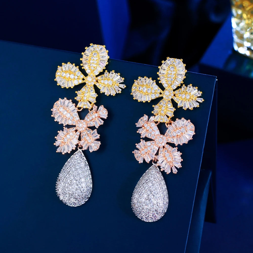 3 Multi Tone Gold Plated Cubic Zirconia Statement Luxury Long Leaf Drop Earrings for Wedding Party Bridal Jewelry Accessory