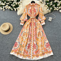 LW0742 Elegant Vintage Stand-Up Collar Lantern Sleeve Waist Slit Long Positioning Print Dress Floral Dress Elegant Dresses