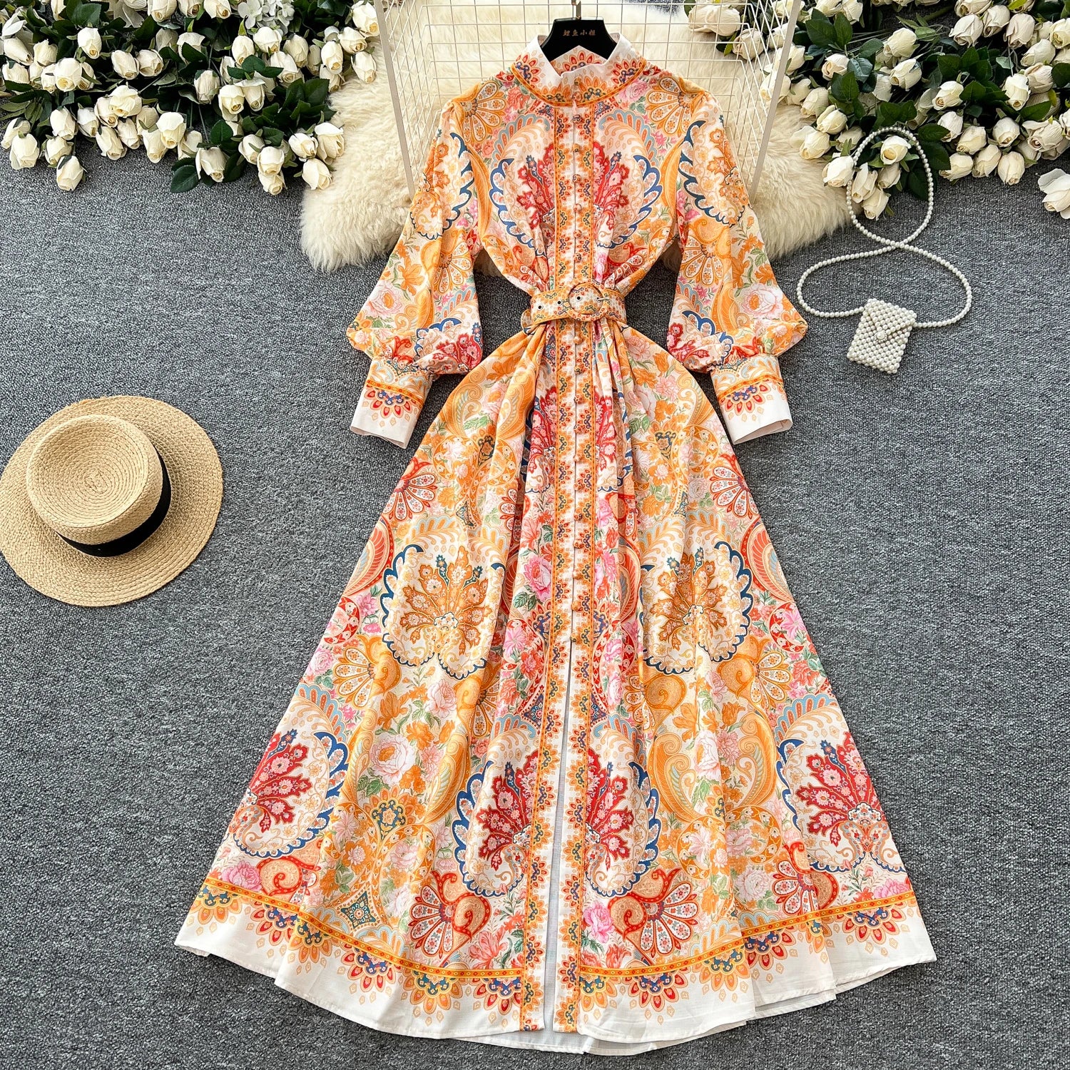 LW0742 Elegant Vintage Stand-Up Collar Lantern Sleeve Waist Slit Long Positioning Print Dress Floral Dress Elegant Dresses