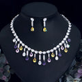 Multi Color Cubic Zirconia Water Drop Necklace and Earrings Silver Gold Brass Jewelry Set for Banquet Party Accessories