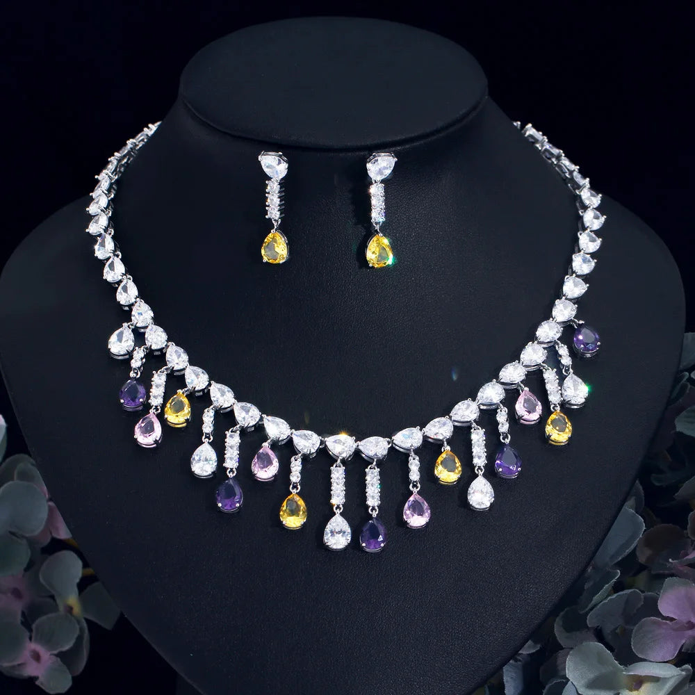 Multi Color Cubic Zirconia Water Drop Necklace and Earrings Silver Gold Brass Jewelry Set for Banquet Party Accessories