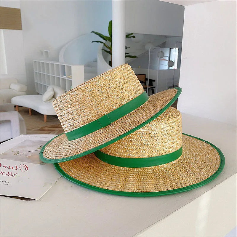 Hot Selling Solid Ladies Beach Sun protection Green Brimmed Straw Women Fashion Flat Top Jazz Hat