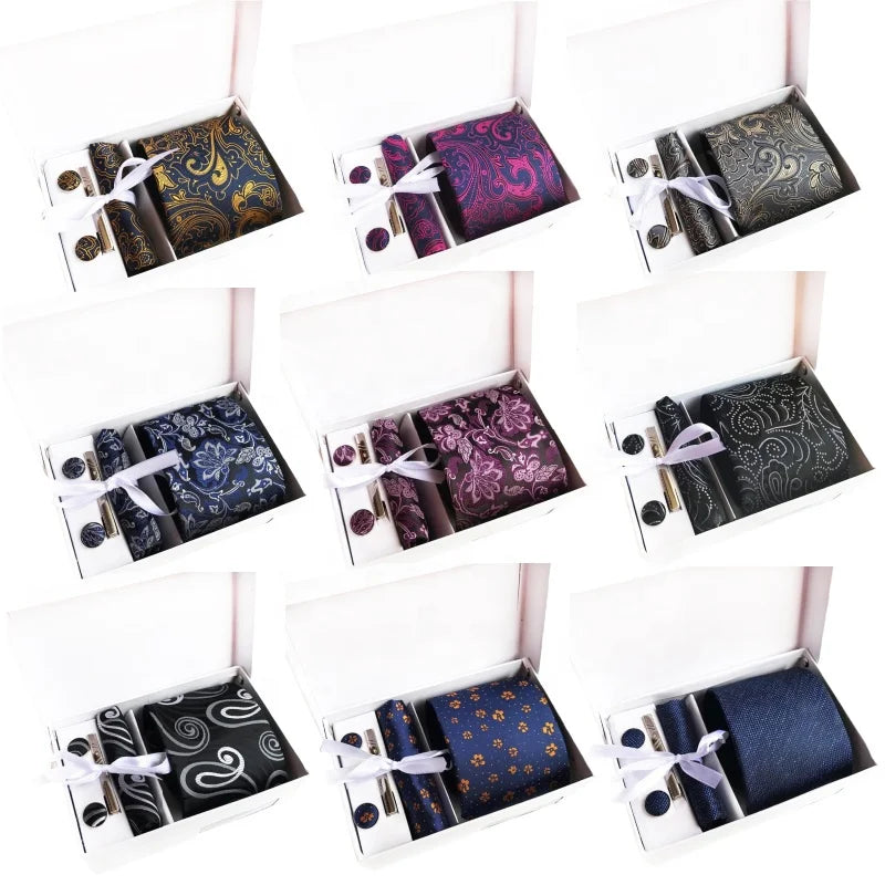 Custom Neckties With Pocket Squares Fashion Men Ties and Hanky Set Paisley Tie Clip Pocket Square and Cufflink Set Gift Box