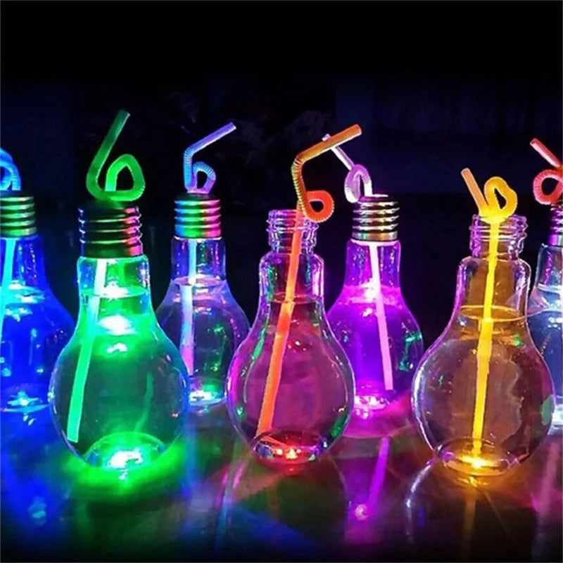 Transparent Plastic Light Bulb Shaped LED Light-Up Water Bottle Straw 500ml Capacity RGB 3 Settings Graduation Diwali Christmas