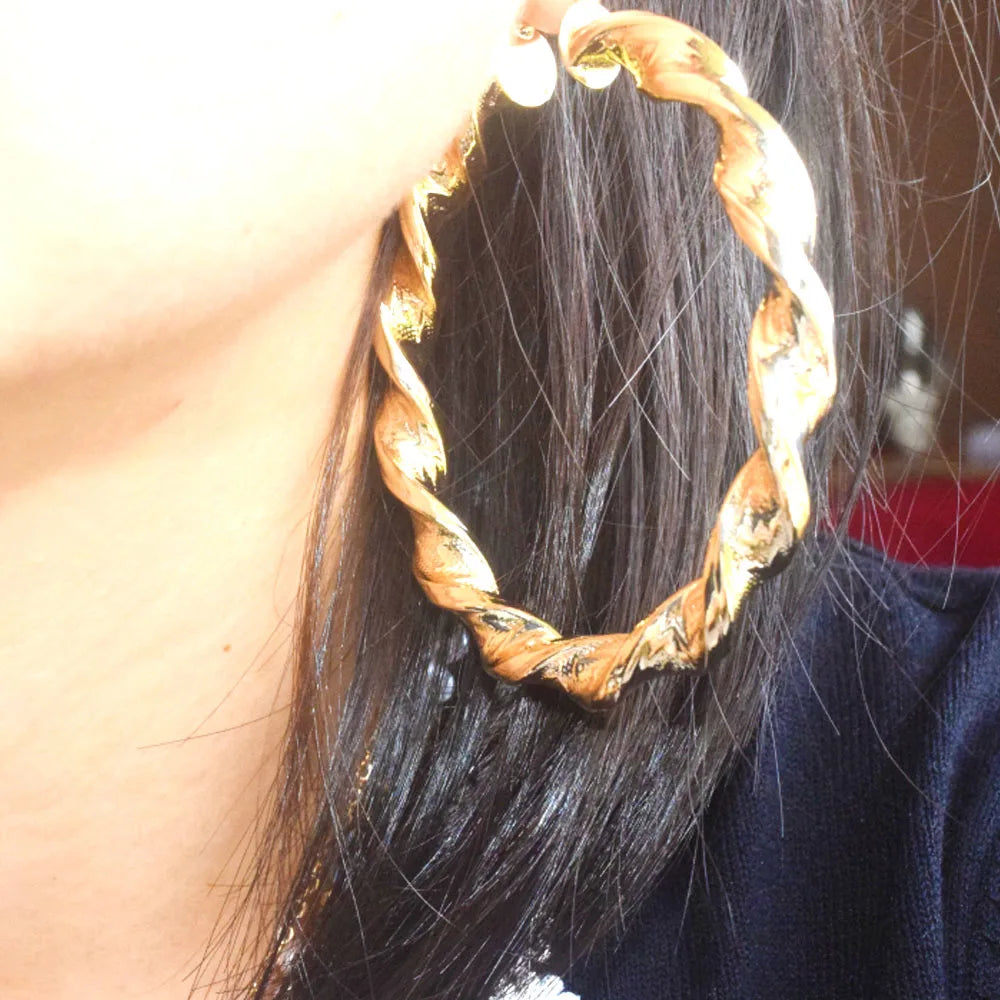 Big Brass Alloy Twisted Chunky Circle Round Earring Women Jewelry Earrings Gold and Silver Two Colors