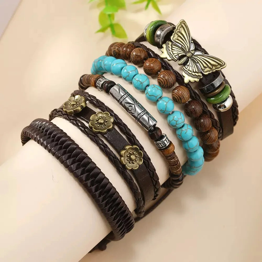 Cross-Border Trendy Retro Personality 6-Piece Set of Turquoise Leather Braided Bracelet and Butterfly Flower Gift