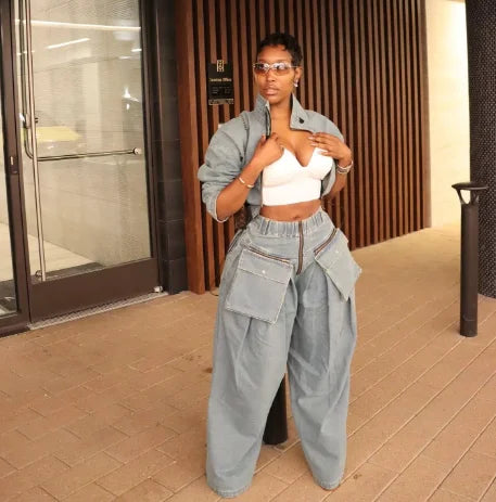 Factory Wholesale Multiple Pockets Jeans Outfits for Women Zipper Denim Jacket + Baggy Cargo Jeans Set Two Piece Set Women