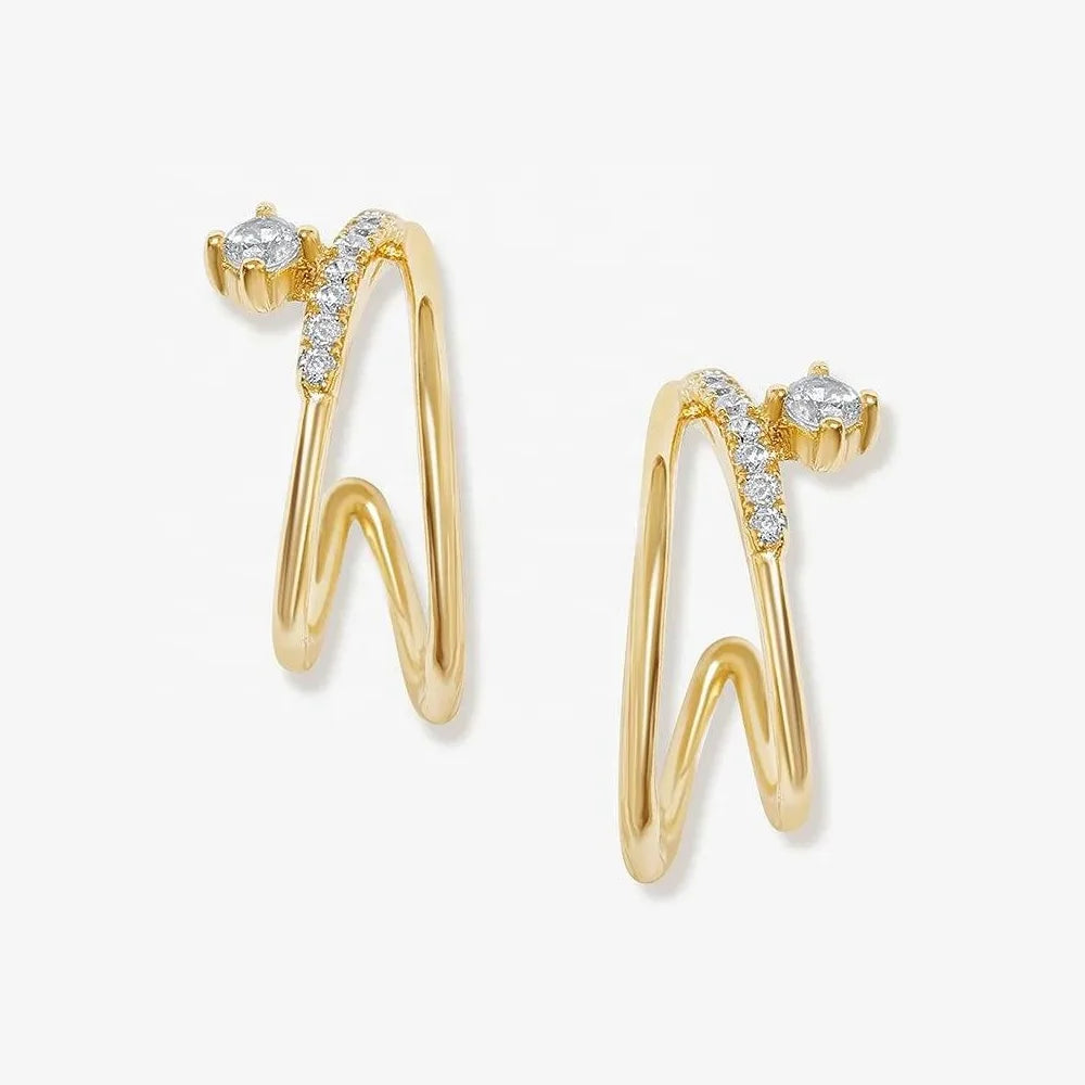 LOZRUNVE 18k Gold Plated Double Band Pave Diamond CZ Hoop Earring Silver 925