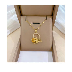 18K Gold Plated Collar De Acero Inoxidable Stainless Steel Heart Necklace Women Micro Zircon Rose Flower Necklace