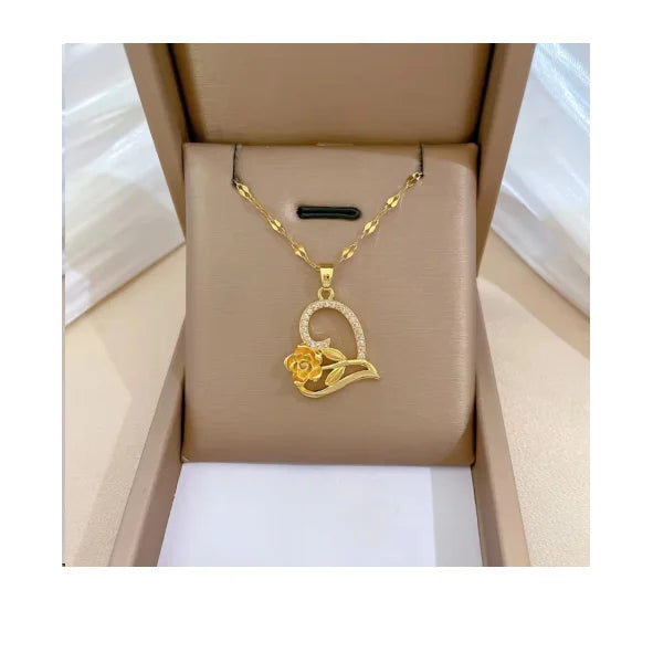 18K Gold Plated Collar De Acero Inoxidable Stainless Steel Heart Necklace Women Micro Zircon Rose Flower Necklace