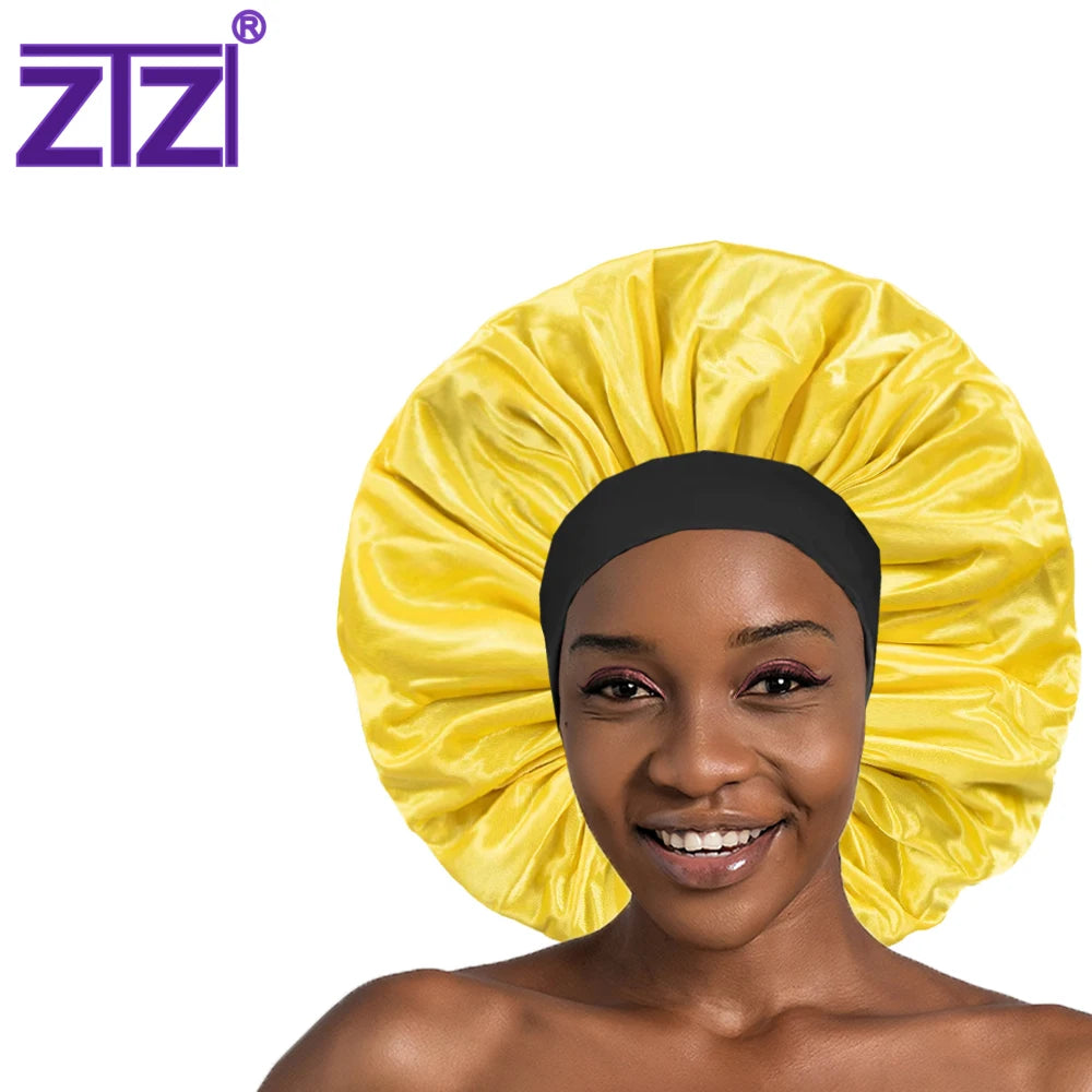 ZTZI Wholesale Wide Band Adjustable Satin Hair Bonnet for Women Drawstring Satin Sleep Cap
