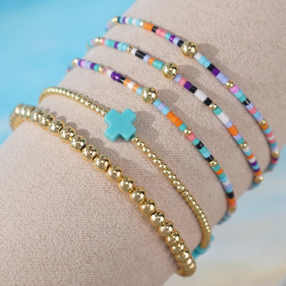 Go2boho Adjustable Women's Multi-Layered Brass Bracelets Waterproof Gold Plated Beaded Jewelry Gift Set for Party