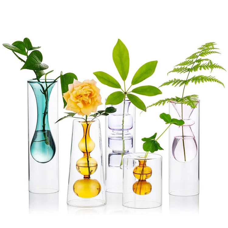 Hot Selling Handmade Double Layer Colored Glass Bud Vase with Contemporary Design for Wedding Home Decor Tabletop Vase
