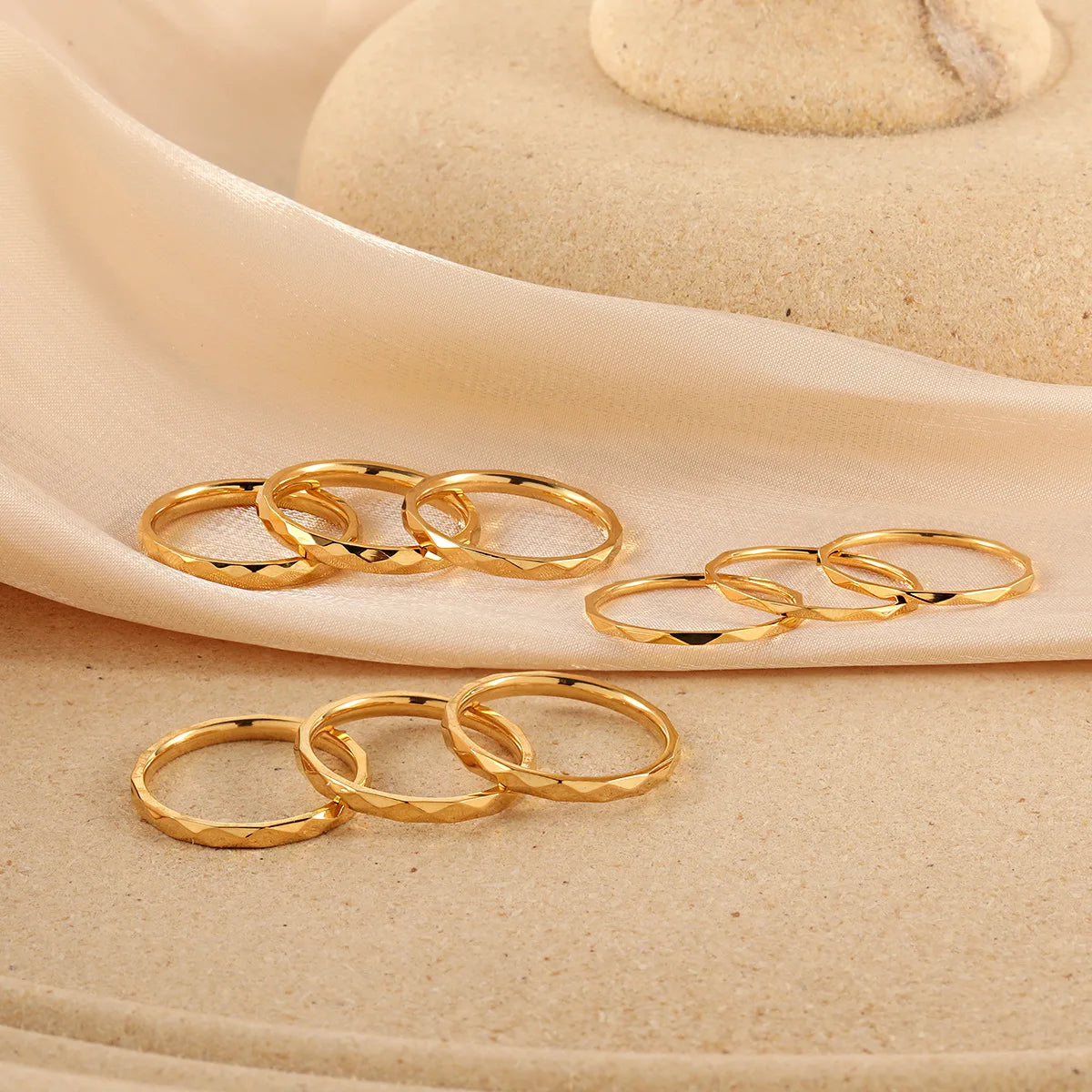 Trendy Stainless Steel 18k Gold Plated Faceted Finish Multi Elegant Promise Wedding Engagement Daily Minimalist Finger Ring