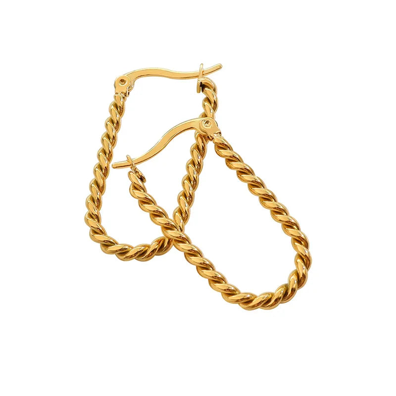 Modern Gold Plated Geometric Stainless Steel Twisted Rope Hoop Earrings for Women