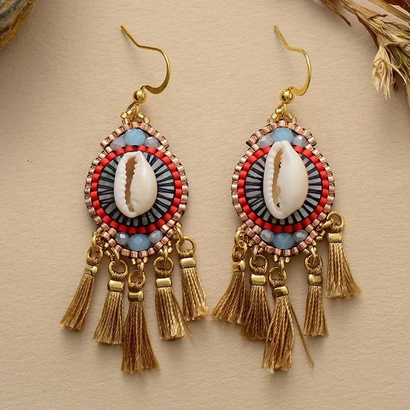 Bohemian Ethnic Style Seed Bead Earrings Cowry Shell Tassel with Gold Plating Drop Dangle Design Fashionable Jewelry