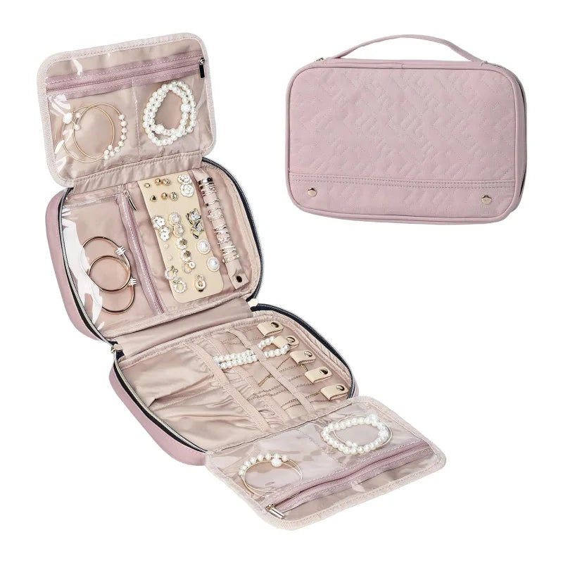 New Arrival Jewelry Organizer PU Leather Luxury Portable Large Capacity Travel Jewelry Zipper Bag with Handle