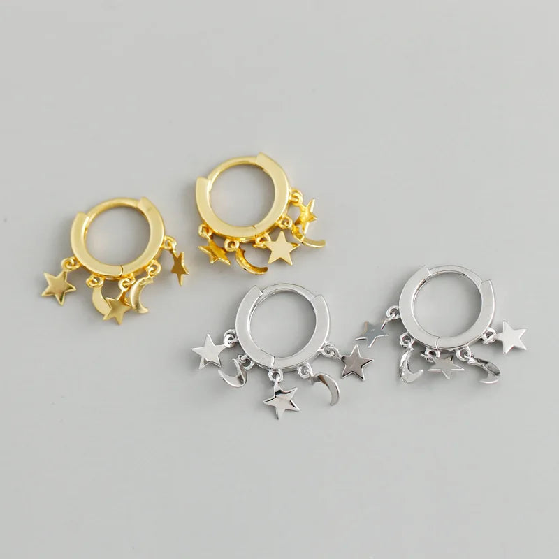New Classic Cute Design 925 Sterling Silver Moon and Star Charm Circle Hoop Drop Earrings for Women