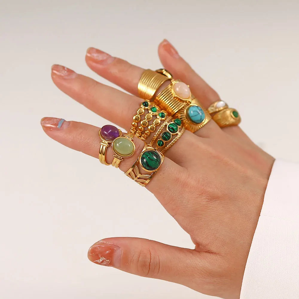 Waterproof 18k Gold Plated Stainless Steel Jewelry Wide Natural Stone Various Styles Colorful Opening Rings for Women