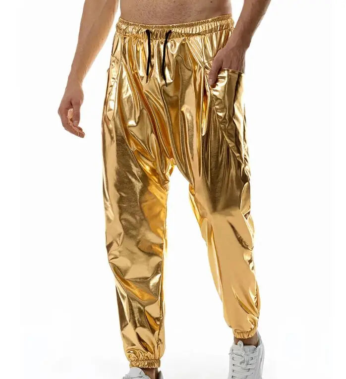 Men's Gold and Silver Color Shiny Jogging Pants Disco Party Elastic Pants Hip Hop Streetwear