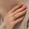Unique Stainless Steel Three Big Bead Double Layered Open End Ring 18k Gold Plated Waterproof Jewelry