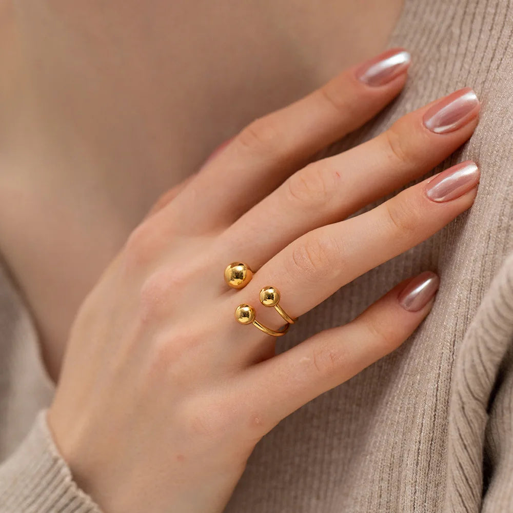 Unique Stainless Steel Three Big Bead Double Layered Open End Ring 18k Gold Plated Waterproof Jewelry