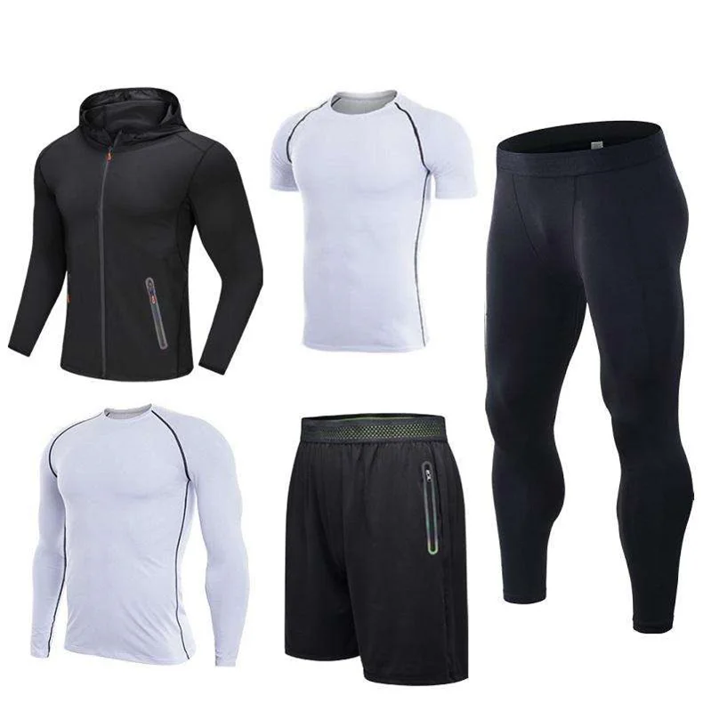 Custom Compression Pants Shirt Top Long Sleeve Jacket Athletic Sets Gym Clothing Mens Sportswear 5 PCS Set