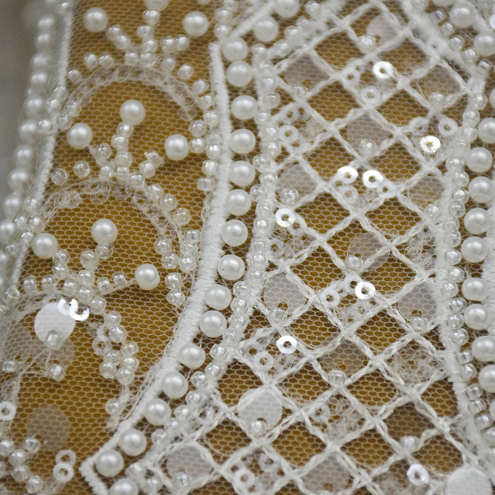 HY2417 2023 Gorgeous White 3d Beaded Pearls Lace With Crystal Sequins French Wedding Bridal Dress Fabric for 5 Yards
