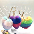 Fluffy Personalized Heart Fur Pompom Keychain rainbow Color Heart Shape Cute Fake fox Fur Pom Pom rainbow Fluffy Heart Key Chain