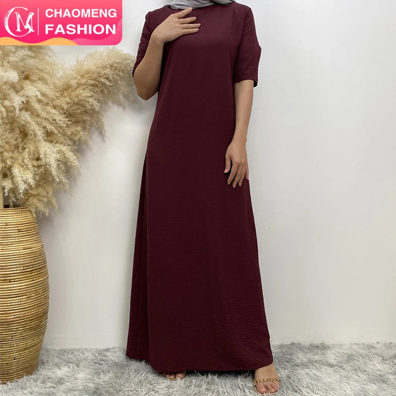 Short Sleeves Slip Dress Muslim Women Basic Inner Dresses with Back Zipper (6722)