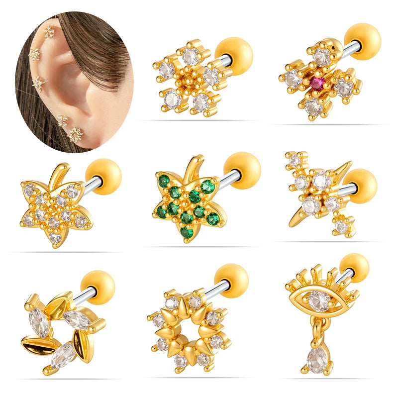 Hengsen Hypoallergenic Stainless Steel Cartilage Earrings Colorful CZ Externally Thread Helix Stud Earring Tragus Lobe Piercing
