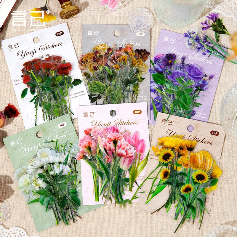 40 Sheets of PET Sticker Packs Yuzuhana Series 6 Plants and Flowers Material Bottoming Decorative Collage Handbook