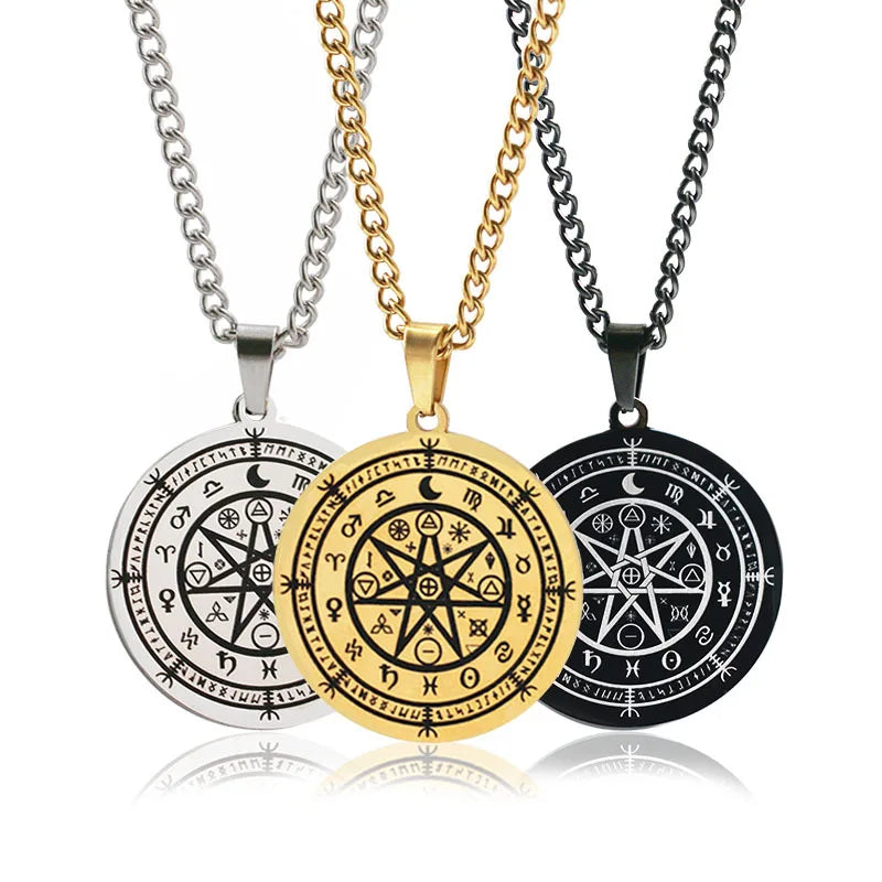 Hot Sale Compass Wiccan Talisman Pendant Necklace Vintage 12 Zodiac Sign Star Viking Rune Men's Stainless Steel Necklace
