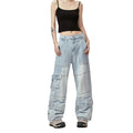 New Style Stonewashed Patchwork Loose Heavy Wash Straight Baggy Y2K Custom Cargo Flare Button Blue Jeans for Men