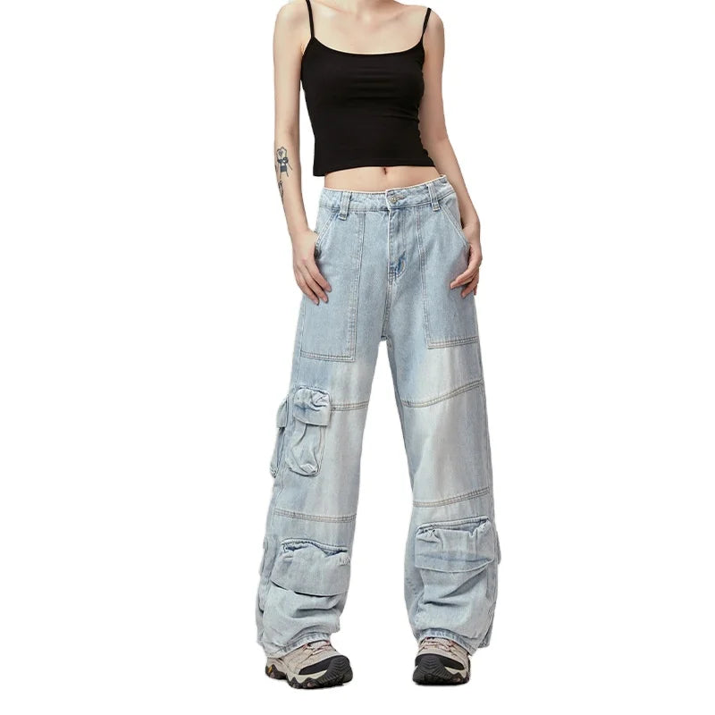 New Style Stonewashed Patchwork Loose Heavy Wash Straight Baggy Y2K Custom Cargo Flare Button Blue Jeans for Men